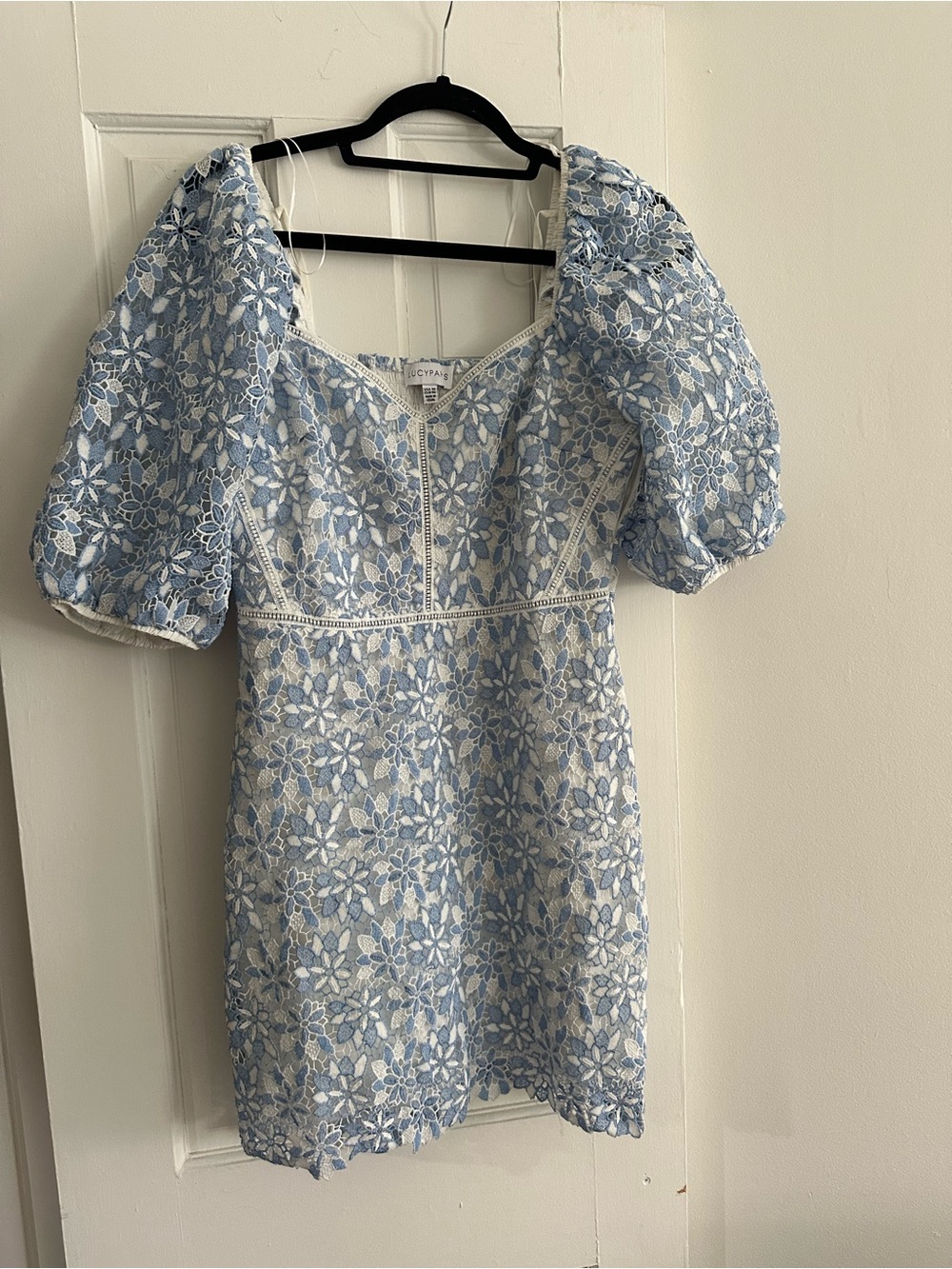 Lucy Paris Blue and White Floral Lace Puff Sleeve Dress
